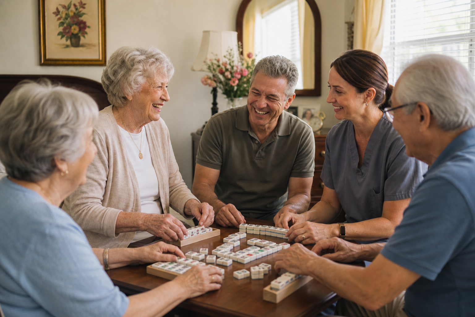 Elderly Friends in Warmly Lit Room Playing Games